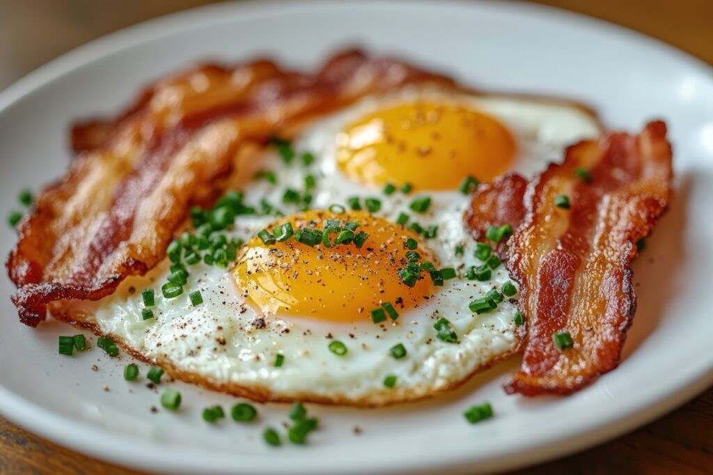 fried eggs with bacon and chives